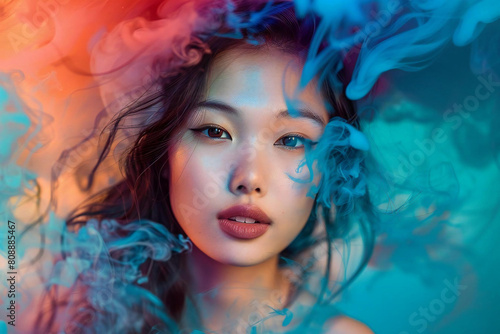 Young Asian Woman Surrounded by Vibrant Swirls of Colorful Smoke on Blue Background - Abstract Stock Photo