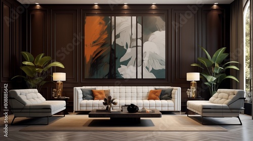 modern creative living room interior design backdrop ideas concept house beautiful background elevation of sofa with decorative photo paint frame full wall background. © rehman