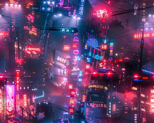 Illustrate a cyberpunk metropolis in a scifi dystopian setting with abstract twists