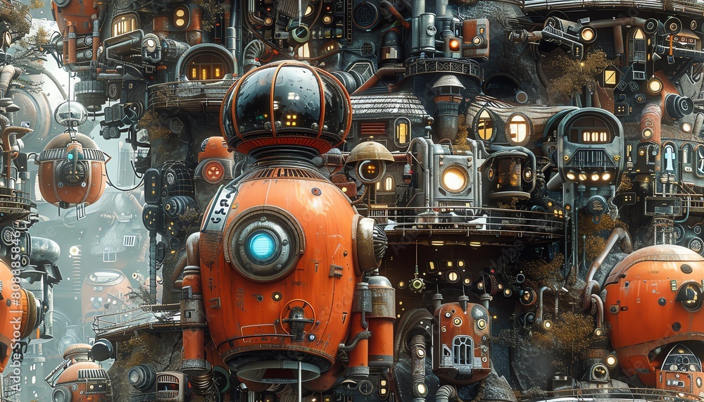 Illustrate a fantastical world where mechanical creatures roam freely Illustrate a fantastical world where mechanical creatures roam freely