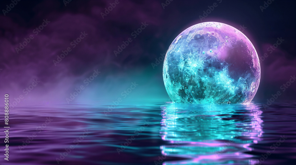 a realistic 3D moon made out of glass dipping in water with rippling effect, premium purple and teal gradient a realistic 3D moon made out of glass dipping in water with rippling effect, premium purple and teal gradient