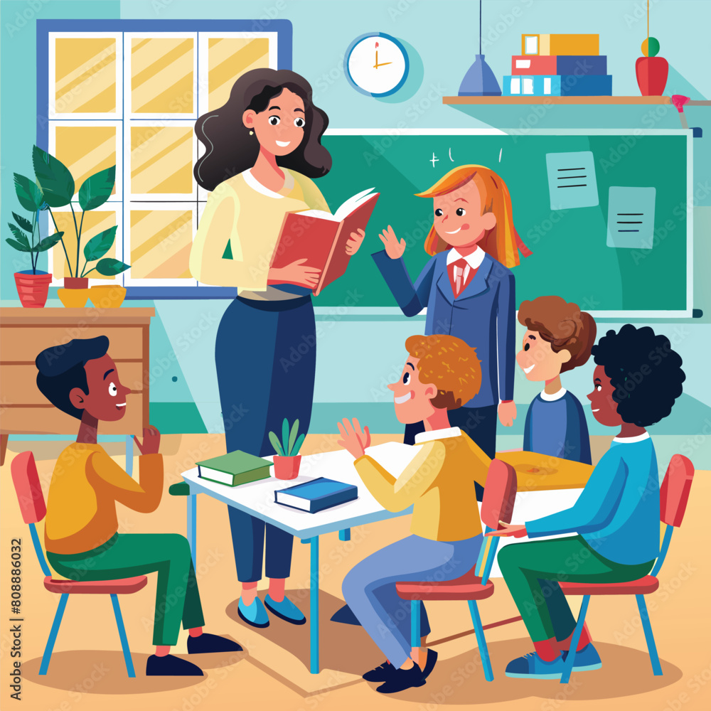 teacher teaching students flat vector illustration