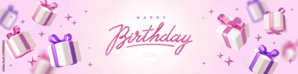 Birthday greeting design. Banner with 3d white gift boxes with pink and purple ribbon and bow. Birthday celebration concept. Vector background.