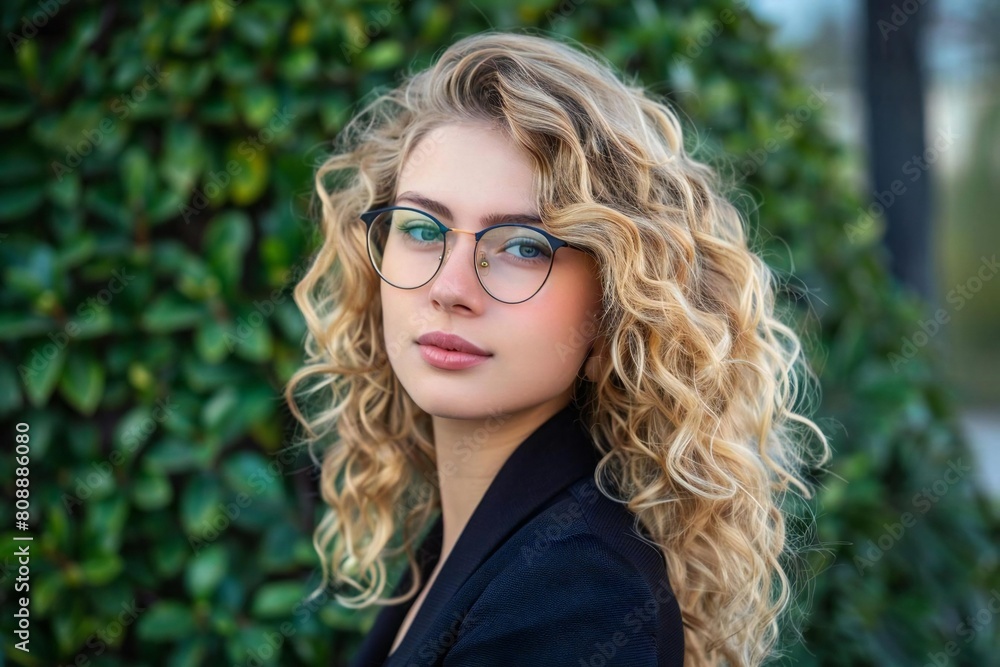 Obraz premium Young Caucasian Professional with Blonde Curly Hair and Glasses Beams with Style