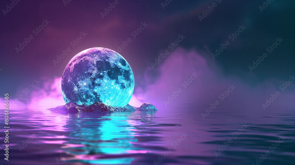 a realistic moon made out of glass dipping in water with rippling effect, premium purple and teal gradient
