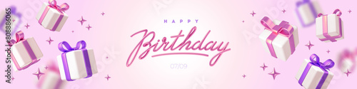 Birthday greeting design. Banner with 3d white gift boxes with pink and purple ribbon and bow. Birthday celebration concept. Vector background.