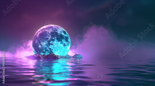 a realistic moon made out of glass dipping in water with rippling effect  premium purple and teal gradient