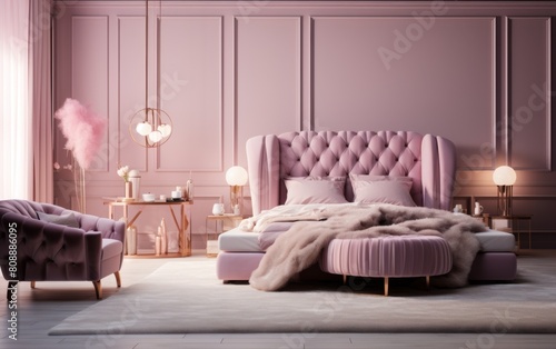 A bedroom featuring a pink bed and a matching pink chair, creating a cohesive and stylish decor theme © imagineRbc