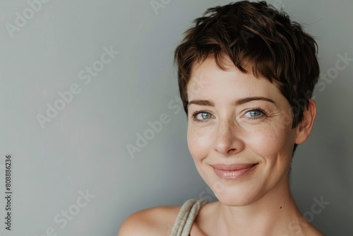 portrait of attractive woman with short hair and bright eyes aged 3540 gentle smile and mischievous gaze