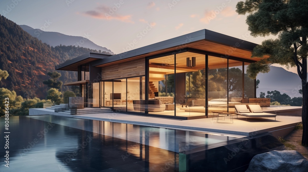 Fototapeta premium Modern exterior of a luxury villa in a minimal style. Glass house in the mountains. Magnificent mountain views from the veranda of a modern villa.