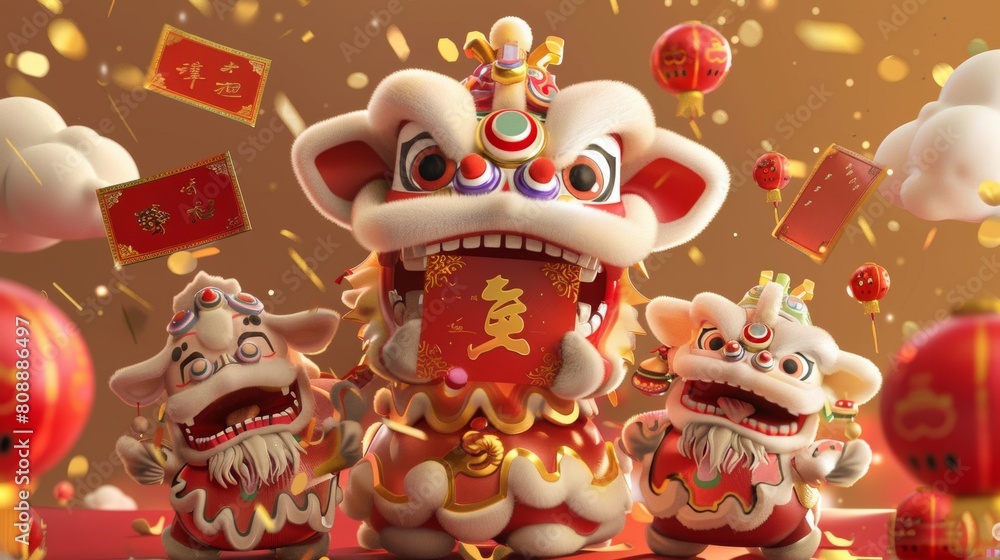 A cute cow performing lion dances around a red envelope full of cash on the Chinese new year poster of 2021. A cute cow performing lion dances around a red envelope full of cash on the Chinese new year poster of 2021.