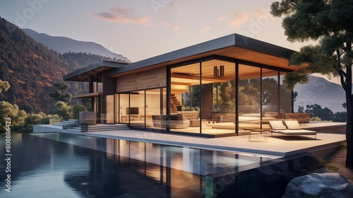 Modern exterior of a luxury villa in a minimal style. Glass house in the mountains. Magnificent mountain views from the veranda of a modern villa.