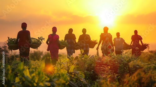 Warm Sunset Silhouette: African Farmers Carry Colorful Baskets of Fresh Vegetables.