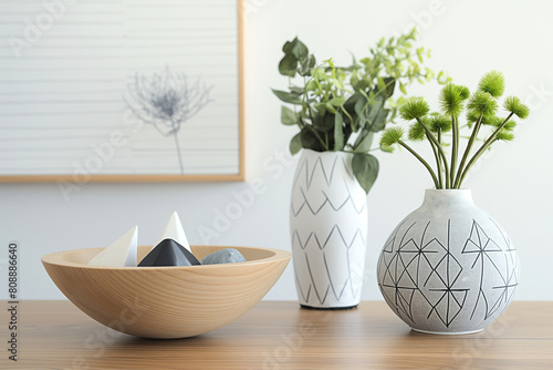 vase with flowers on table, Add minimalist decor accessories such as geometric vases, ceramic bowls, or abstract artwork to complement the Scandinavian aesthetic photo