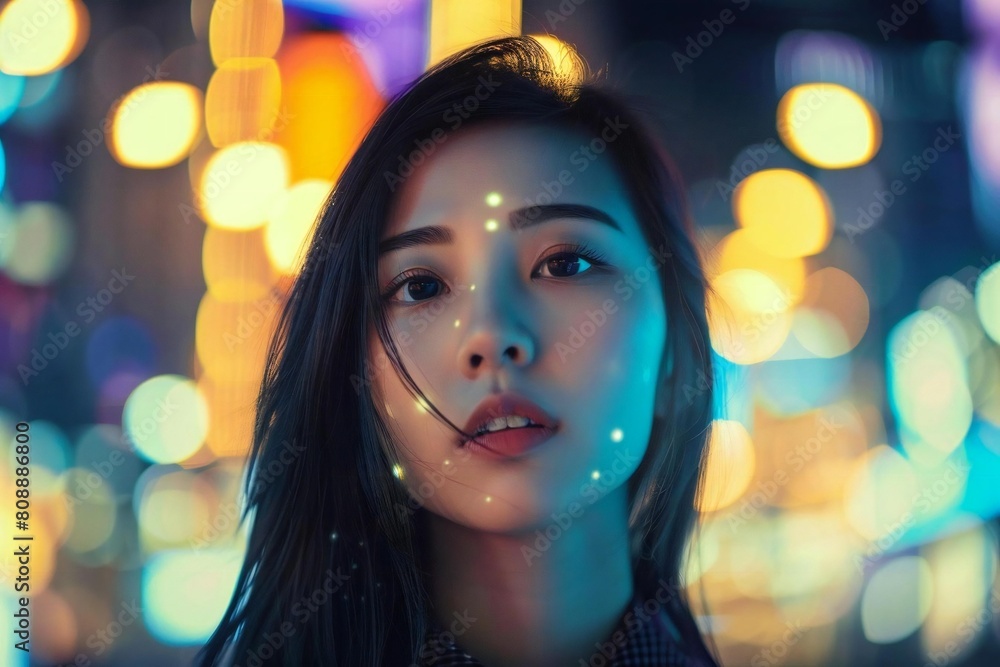 Portrait of a young Asian woman glowing under city lights