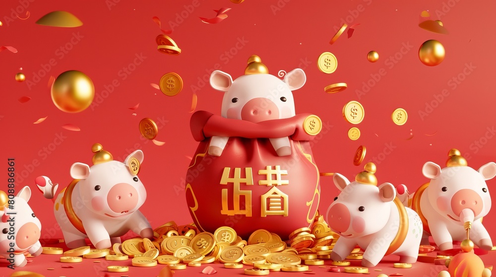 Symbolizing the third year of the Ox in 2021, the money spilled from the Chinese lucky bag is playing in coin piles with baby cows. Translation: May the new year be prosperous for you. Symbolizing the third year of the Ox in 2021, the money spilled from the Chinese lucky bag is playing in coin piles with baby cows. Translation: May the new year be prosperous for you.