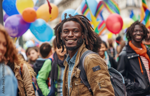 A group of smiling young people walking at the street, surrounded by colorful balloons and flags celebrating love and diversity on Worldbeing Day in celebration for international human rights day