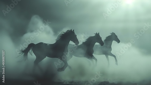 Cinematic Horse Run: Photorealistic Shot in Thick Fog with Moody Light