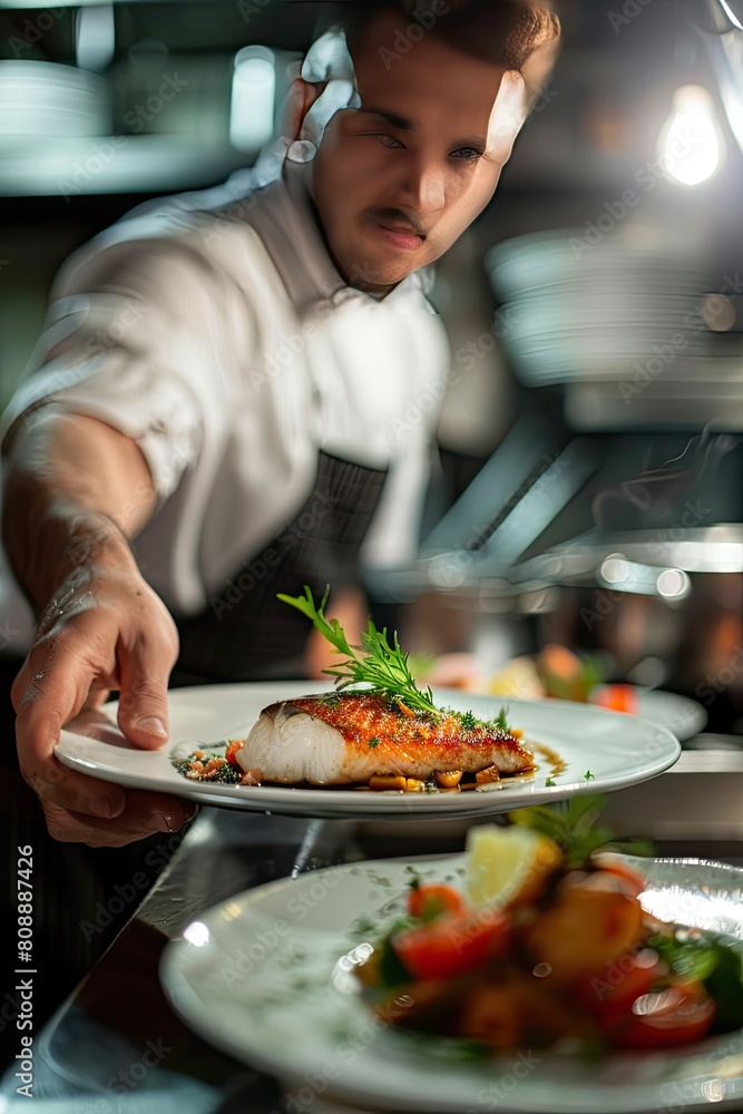 The chef makes a presentation of the dish to be served. Selective focus. The chef makes a presentation of the dish to be served. Selective focus.