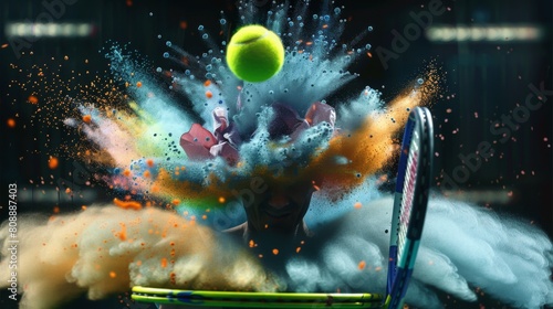 macro detail of a yellow tennis ball hitting a racket, rainbow powder. © Дмитрий Симаков