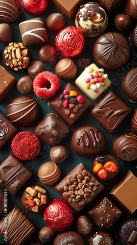 Capture a vibrant array of assorted chocolates, elegantly placed in a tantalizing display, each treat reflecting a luscious, glossy sheen, inviting the viewer to indulge