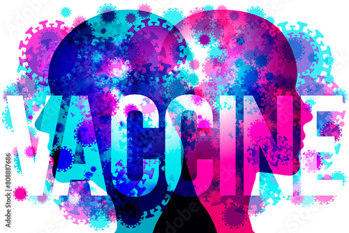 This artwork presents a vibrant blend of virus icons superimposed on the profiles of two people. The word VACCINE is prominently displayed across the centre.                  photo