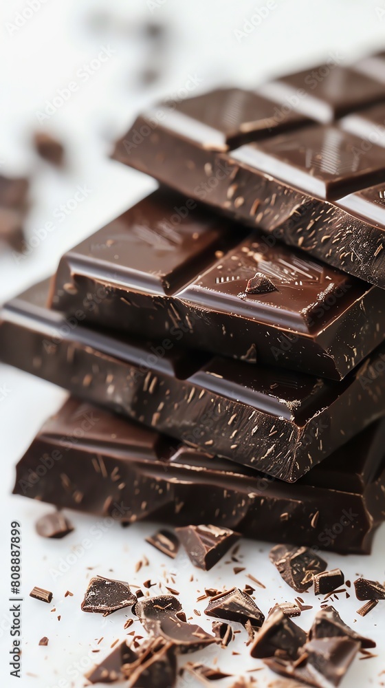 Capture the rich, velvety texture of a decadent dark chocolate bar, oozing with glossy, mouthwatering appeal in a side view shot, set against a pristine white backdrop Capture the rich, velvety texture of a decadent dark chocolate bar, oozing with glossy, mouthwatering appeal in a side view shot, set against a pristine white backdrop