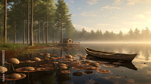 A serene lakeside scene with agaricus mushrooms near a wooden dock, with canoes ready for a morning paddle. photo