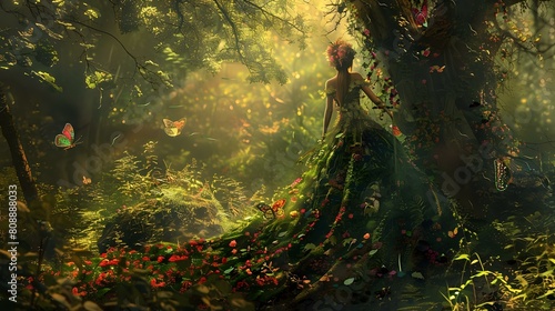 Floral Queen: Nature's Gown, Forest Backdrop, Butterfly Haven