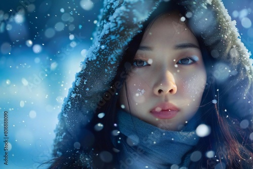 Festive Blue Christmas Background: Young Asian Woman in Winter Wonderland