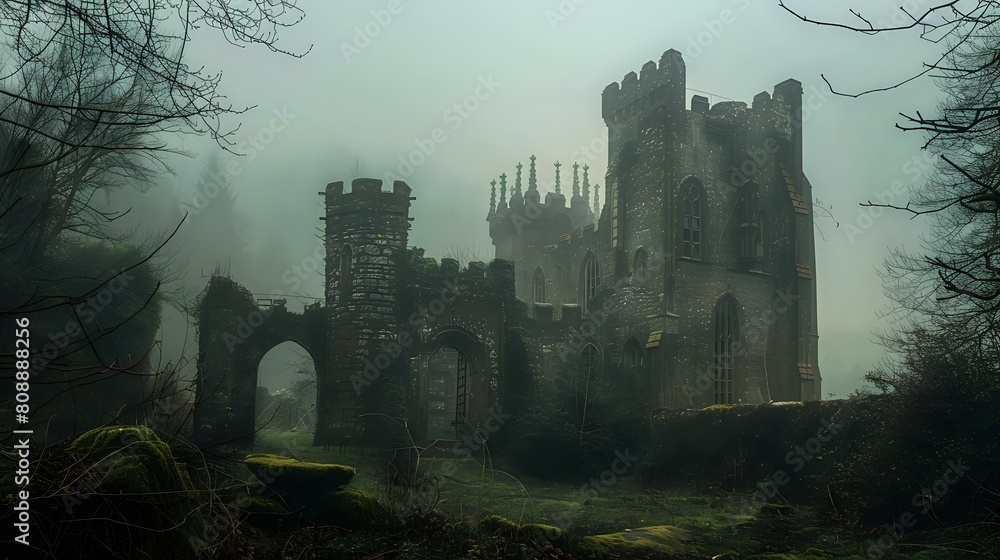 Mysterious Forest Castle: Real Photograph Shrouded in Fog with Secret Passages