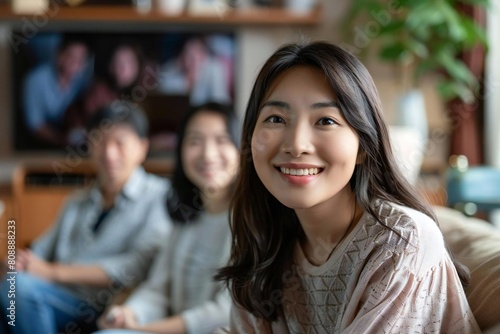 Young Asian Woman Watching TV with Her Family at Home
