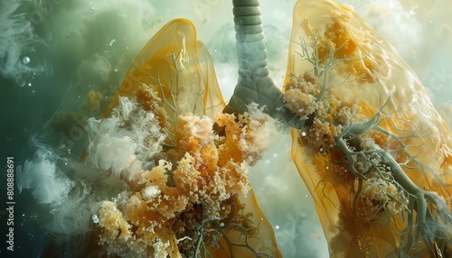 A crosssection of a lung, with alveoli clogged by a menacing cloud of particulate matter