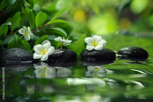 serene spa composition smooth stones delicate flowers and lush green plants in tranquil water still life photography