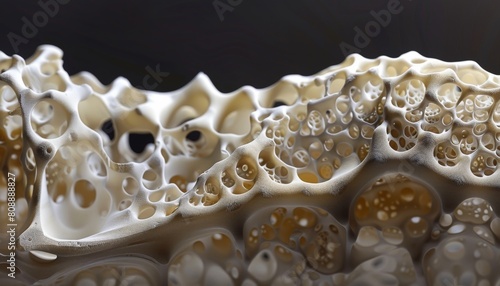 A detailed crosssection of a bioengineered bone graft, showcasing its seamless integration with surrounding natural bone tissue photo
