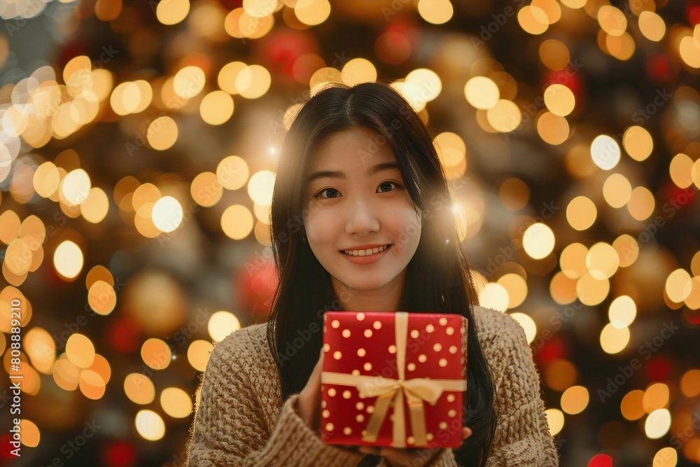Young Asian Woman with Festive Gift Box in front of Christmas Tree and Golden Bokeh Light Background Young Asian Woman with Festive Gift Box in front of Christmas Tree and Golden Bokeh Light Background