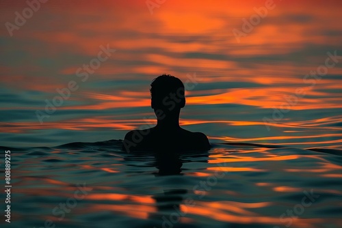 silhouette of person floating peacefully in calm sea embracing tranquility and freedom abstract photograph