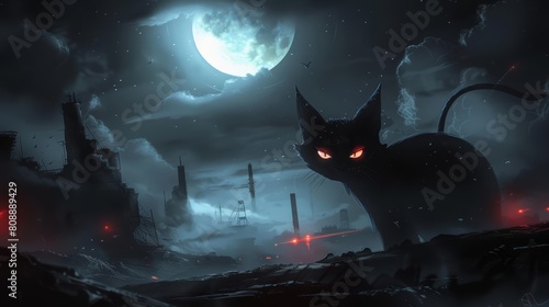 A black cat with glowing red eyes stands in a dark, abandoned city. The moon is full, and the sky is dark and cloudy. The cat is surrounded by broken buildings and debris. photo
