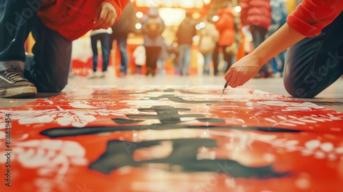 Calligraphers calligraphy in black ink on a giant couplet on the floor as they welcome the lunar New Year's day. photo