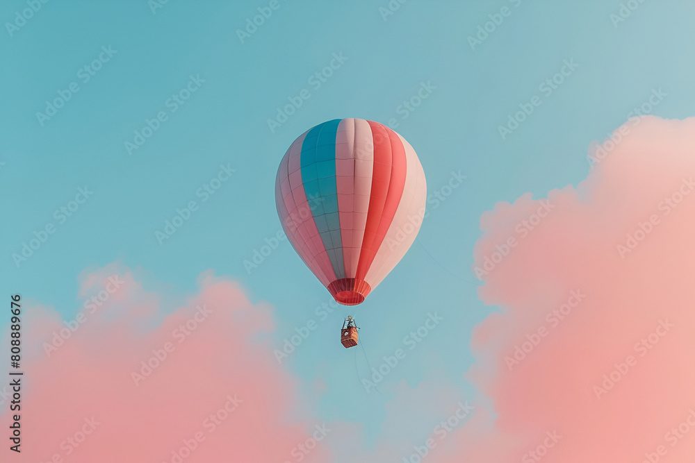 Fototapeta premium hot air balloon in sky, Air balloons with alarm clock on table against light background.