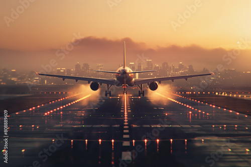 Passenger planes landing on airport runways AI Generative