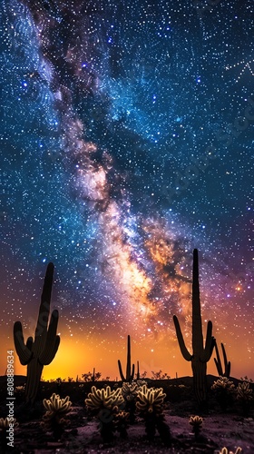 Breathtaking scene of the Milky Way viewed from a desert, with silhouettes of cacti against a starfilled sky, enhancing the solitude and beauty of the landscape