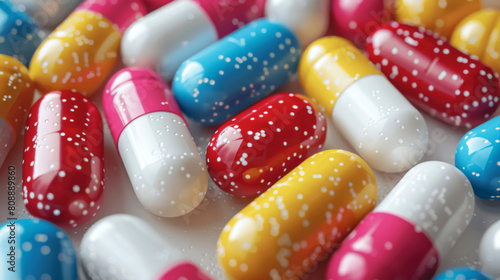 Assorted of colorful medicine pills and supplement capsules background.