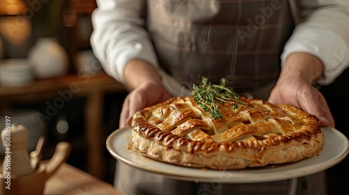 The chef makes a presentation of the dish to be served. Selective focus.