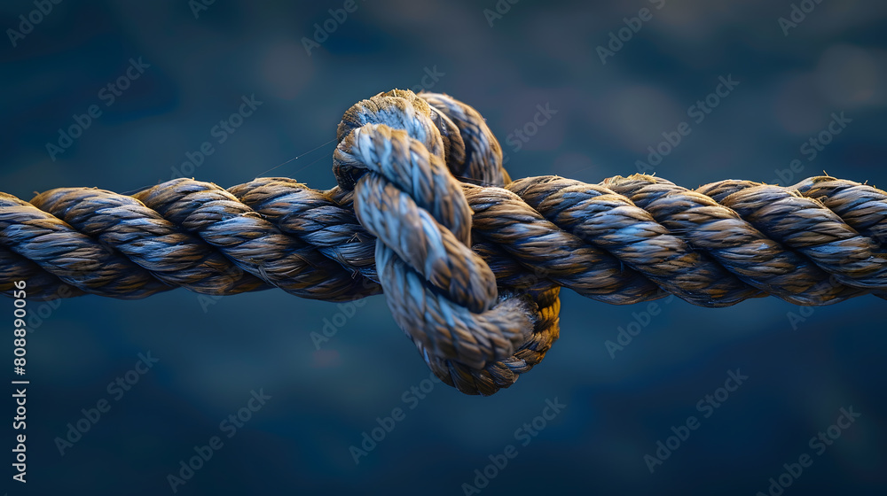 Closeup of an old rope with two loose ends tied together, symbolizing strength and connection, against dark blue background Closeup of an old rope with two loose ends tied together, symbolizing strength and connection, against dark blue background