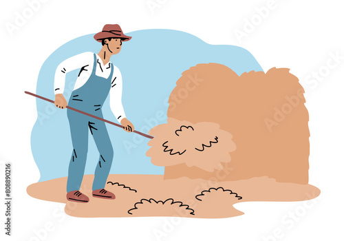 Village farmer man collecting hay in a stack. Working on a farm. Retro style. Flat vector illustration isolated on white background photo