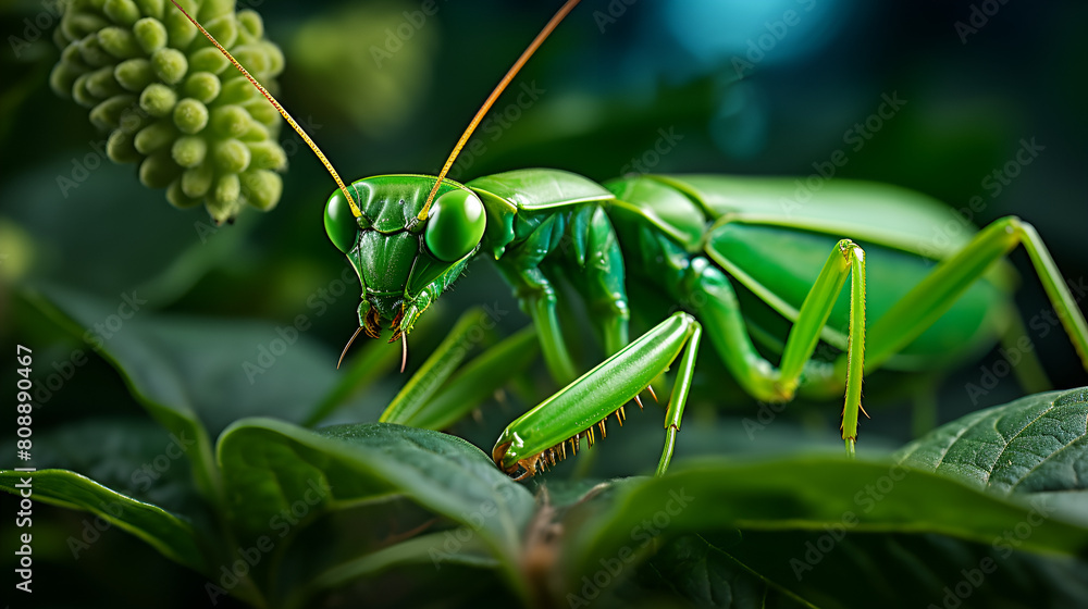 Naklejka premium A praying mantis perched on a leaf