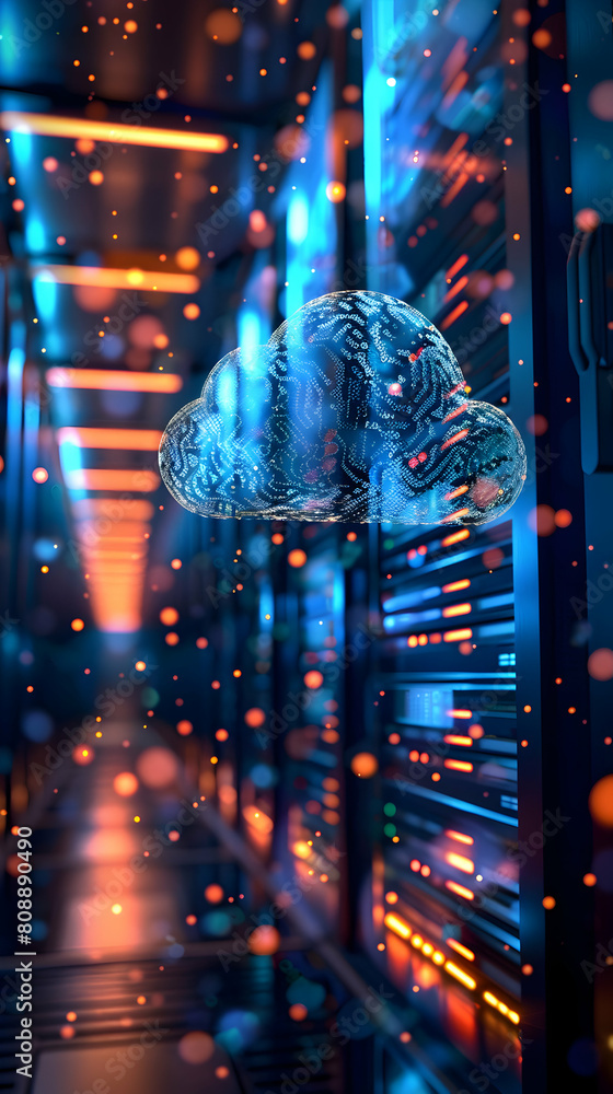 Sustainable Computing: Cloud Icon Above Data Server Signifying Reduced Energy Consumption Sustainable Computing: Cloud Icon Above Data Server Signifying Reduced Energy Consumption