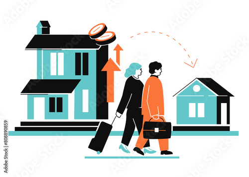 Forced relocation - colorful flat design style illustration with linear elements. Orange and light blue picture with people bearing suitcases move from an expensive house to a cheaper dwelling © Boyko.Pictures
