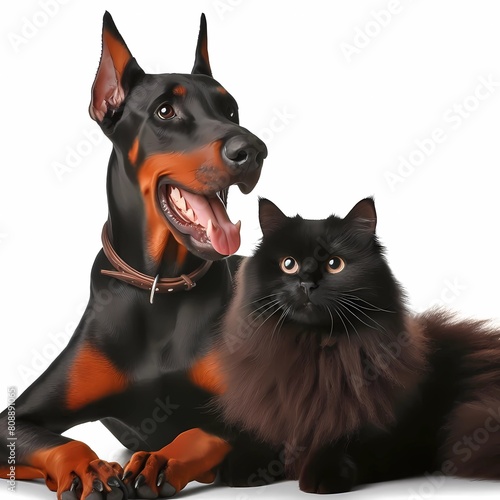 doberman dog and black cat sitting together, generative ai